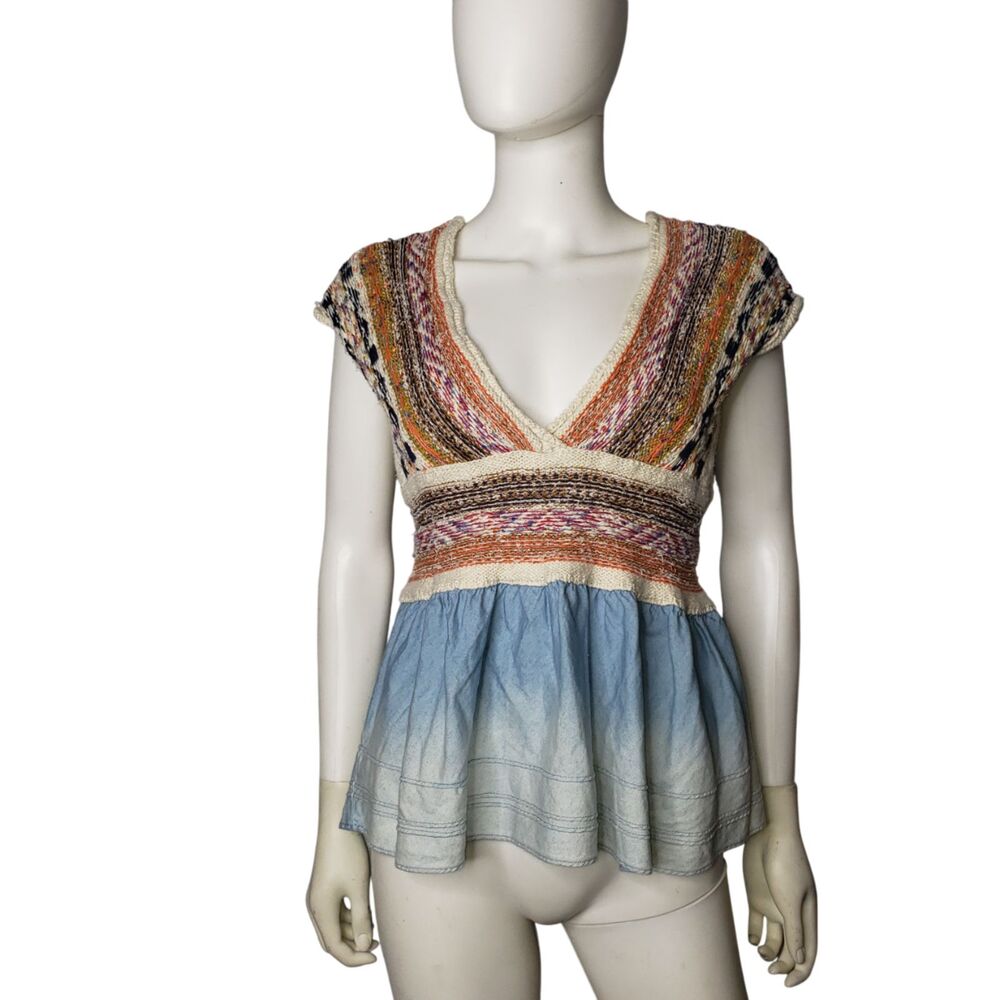 Pilcro Multicolor Knit & Chambray Peplum Top - Cream, Blue, Rust